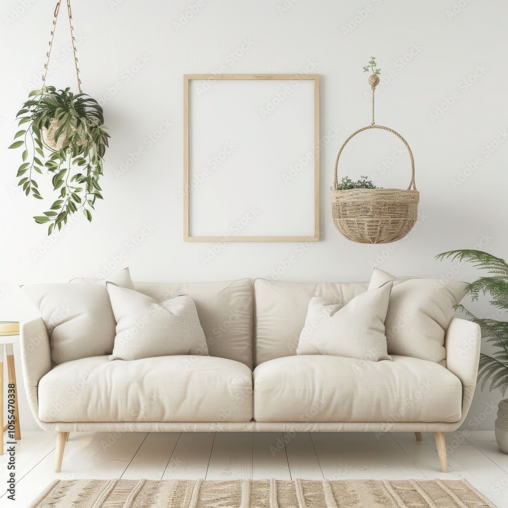 Wall mural a white couch with throw pillows and a rug sits in front of a white wall with two hanging plant bask