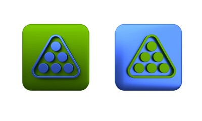 Colorful Billiard balls in a rack triangle icon isolated on white background. Square button. 3D render illustration