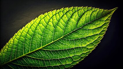 Fototapeta premium A single leaf, illuminated by sunlight, reveals intricate veins and a vibrant green hue against a dark background.