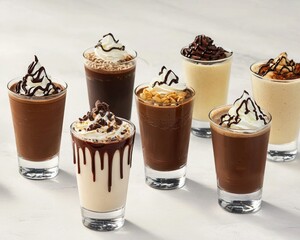 A colorful array of delicious dessert drinks topped with whipped cream and chocolate drizzle, perfect for sweet lovers.