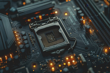 Computer motherboard with complex circuits and microchips focused on technology.