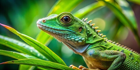 Obraz premium A verdant lizard with intricate scales perched amidst lush foliage, its piercing gaze capturing the essence of the natural world.