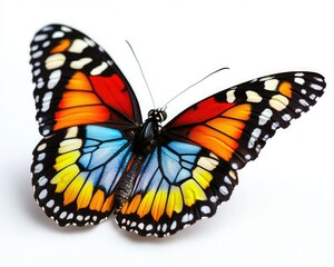 Fototapeta premium A vibrant butterfly with striking orange, blue, and yellow patterns, showcasing its delicate wings against a white background.