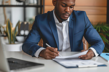 Fototapeta premium A businessman writing on paper is sitting on the desk.
