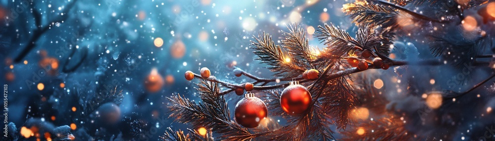 Aufkleber Christmas tree branch decorated with red baubles and string lights during a snowfall