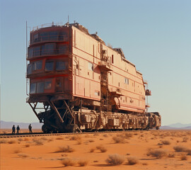 Abandoned means of transport, train, car, bus, truck, double-decker bus in ruins, empty, rusting in the desert, decaying in ruin, decomposing.