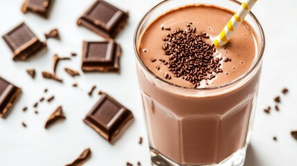 A creamy chocolate drink garnished with chocolate sprinkles, served in a glass with a straw, alongside pieces of dark chocolate.