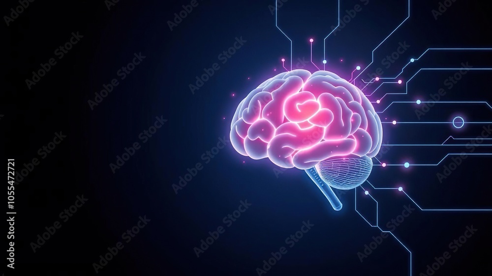 Wall mural stylized neon brain with minimalist design on dark background, creativity, minimalistic