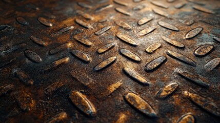 Industrial tread plate floor, slightly rusted metal with scuff marks and wear, detailed diamond texture, realistic lighting from above, showcasing surface imperfections