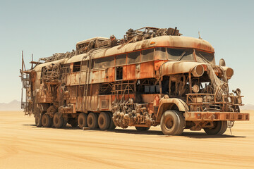 Abandoned means of transport, train, car, bus, truck, double-decker bus in ruins, empty, rusting in the desert, decaying in ruin, decomposing.