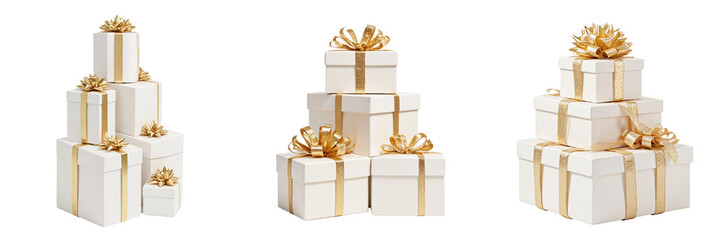Stylish Ivory Gift Boxes with Gold Ribbons and Decorative Bows.