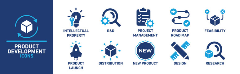 Product Development Icon Set Featuring R&D, Project Management, and Launch Symbols