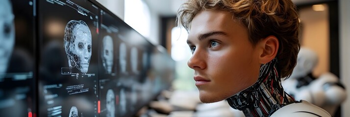 Close-up portrait of a focused,young man intensely examining data and information on a high-tech digital screen,representing the cutting-edge of computer science,technology.
