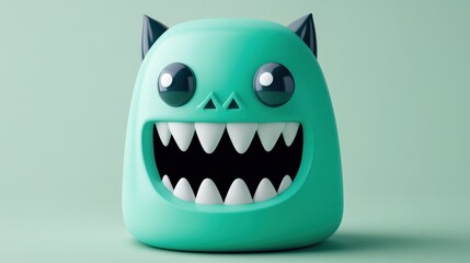 Naklejka premium A whimsical monster figurine with a vibrant mint green body, large eyes, and a wide grin of sharp white teeth, set against a pale green background. Perfect for playful branding and children's media.