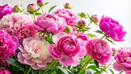 Fototapeta premium Vibrant peonies in full bloom against a soft white background, floral, petals