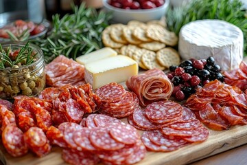 Obraz premium A Charcuterie Board with Salami, Cheese, Crackers, Olives, and Rosemary
