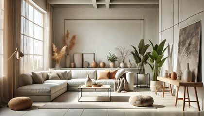 Cozy and bright minimalist living room with white decor, natural lighting, and lush green plants