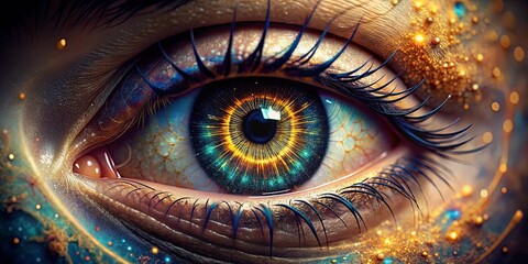 A Close-Up View of a Human Eye,  The Iris is Filled with a Vibrant and Mystical Spiral of Colors, Surrounded by a Golden-Colored Surface and Long Eyelashes