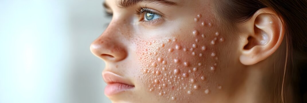 Close-up portrait of a young female's face,showcasing skin with visible acne,blemishes,and other textural imperfections.