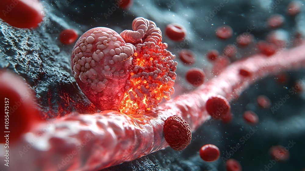 Fototapete Closeup view of a glowing red cellular plasma sphere or molecule against a dark digital microscopic science background with abstract patterns and textures. Represents medical research,biology.