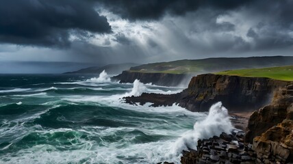 Obraz premium rugged coastline powerful storm massive waves jagged cliffs clouds rain nature landscape