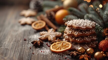 Winter season. Christmas and New Year composition. Festive decorations and homemade gingerbread with copy space for text design. Holiday and celebration concept, greeting card or invitation mockup