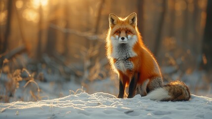 Winter season. A red fluffy fox with black paws sits against the background of a winter forest , morning light