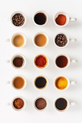 Obraz premium Variety of coffee cups with beans, ground coffee, rich blends, aromatic brews, diverse flavors, caffeine selection, beverage presentation, coffee culture concept