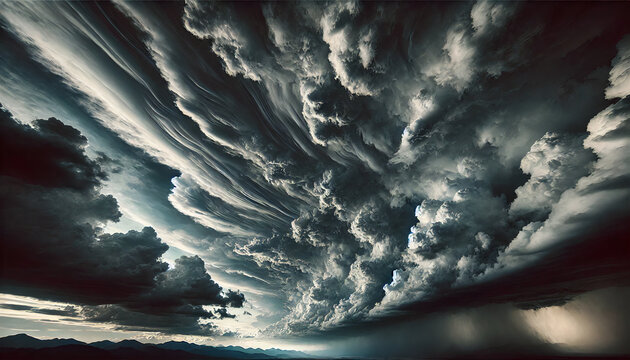 Intense, textured storm clouds rolling over mountains, capturing the power and beauty of nature