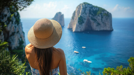 A woman wearing a hat stands looking at the sea view from a hill.