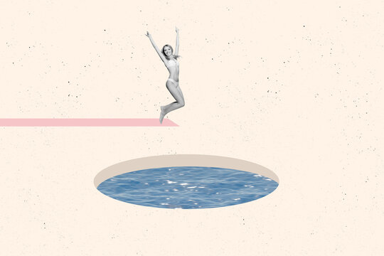 Creative collage poster young naked girl bikini underwear jump pool holiday vacation resort trip weekend holiday rejoice positive mood