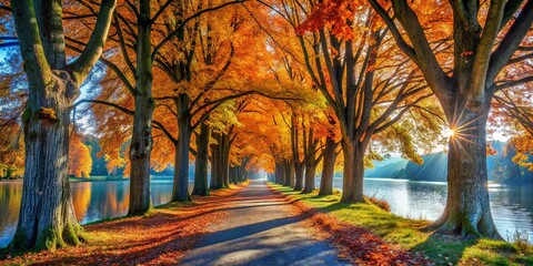 A sunlit path through a canopy of vibrant autumn foliage, creating a picturesque scene with sunlight filtering through the leaves, illuminating the trees and casting long shadows on the ground.
