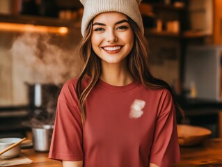 A woman wearing a beanie smiles at the camera