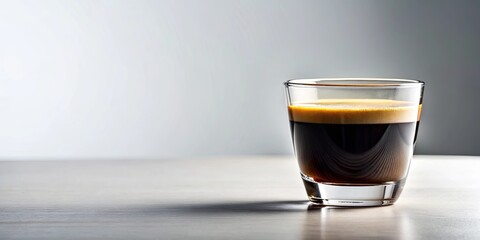 A single serving of espresso, a dark, aromatic liquid, sits in a clear glass on a wooden table, ready to be enjoyed.