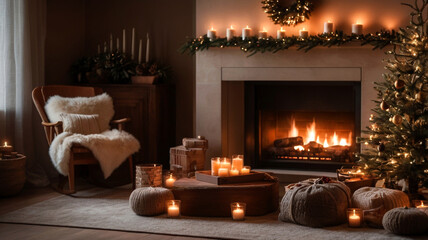 A cheerful holiday table artfully arranged with Christmas decorations positioned near a twinkling Christmas tree and a cozy fireplace providing ample copy space