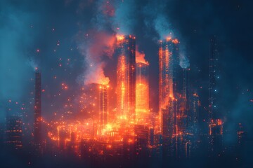 Fototapeta premium Skyscrapers with particles on a dark background, symbolizing energy. Generative AI