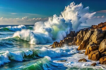 Fototapeta premium Ocean waves crashing against rocky coastline with foam and spray, shoreline features, spray