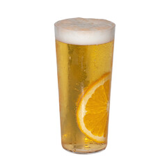 Refreshing Pint of Beer with Orange: A tall glass of golden beer, topped with a thick layer of foam and garnished with a slice of orange.
