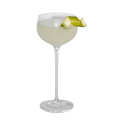 Elegant Daisy Cocktail: A refreshing and sophisticated cocktail in a coupe glass, garnished with a lime twist. Perfect for summer evenings or upscale events. 