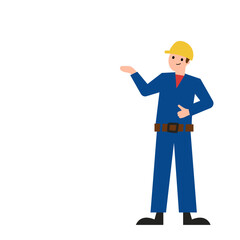 Man, a worker in a uniform, a construction worker in a helmet. Vector simple color flat illustration.