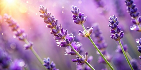 Fototapeta premium Close-up of lavender flowers with a single drop of dew, lavender, botanical