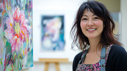 Close-Up of a Talented Japanese Artist in Her Art Gallery..