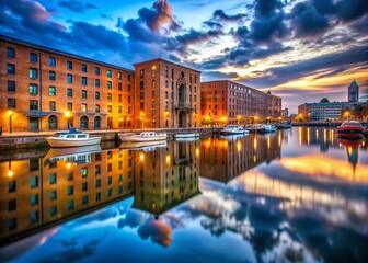 Obraz premium Long Exposure of Albert Dock, Victorian Warehouses at Night, Liverpool Cityscape, Water Reflection, Historic