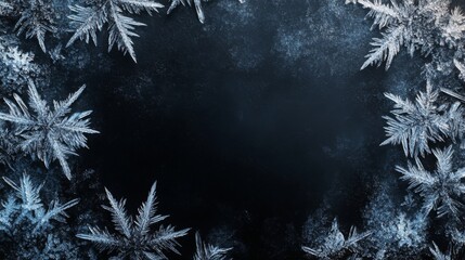 Frosty pattern frame on a black background. Winter overlay design with place for text. Frost on the glass, freezing effect. Christmas crystals concept copy space banner.