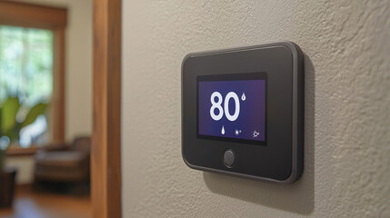 Modern thermostat displaying temperature settings in a contemporary home interior
