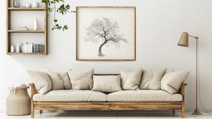 Minimalist Living Room Interior Design with a Tree Artwork