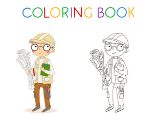 Coloring book for children. Cartoon illustration of a young architect or engineer character. Kids workers. Child professional.