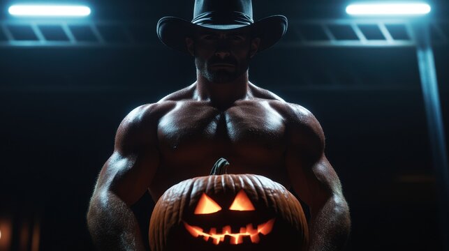 A muscular man in a cowboy hat stands confidently in dim light, holding a glowing carved pumpkin. dramatic shadows enhance the Halloween spirit, blending strength and festivity.