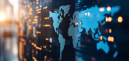Global network map on digital screen with vibrant data visualization.