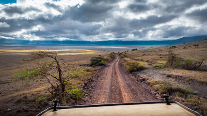 Obraz premium Vue depuis le toit d'un 4x4 entrant dans le cratère du Ngorongoro, Tanzanie, sous un ciel lourd de nuage